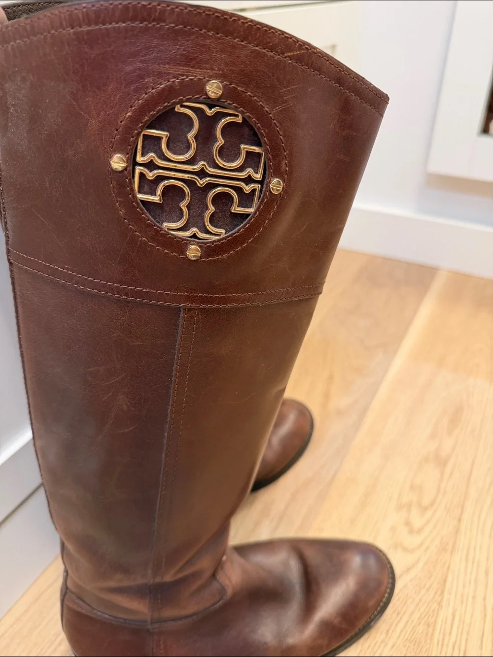 Tory Burch Kiernan Brown Leather Riding Boots with Gold Logo